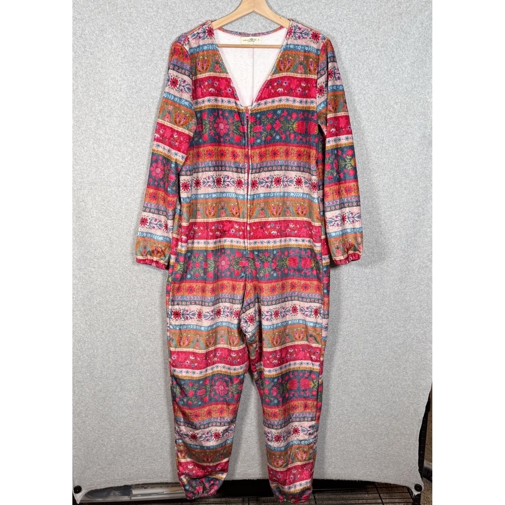 Natural Life Boho Floral Striped Fleece Jumpsuit One Piece Pajama Lounger Small